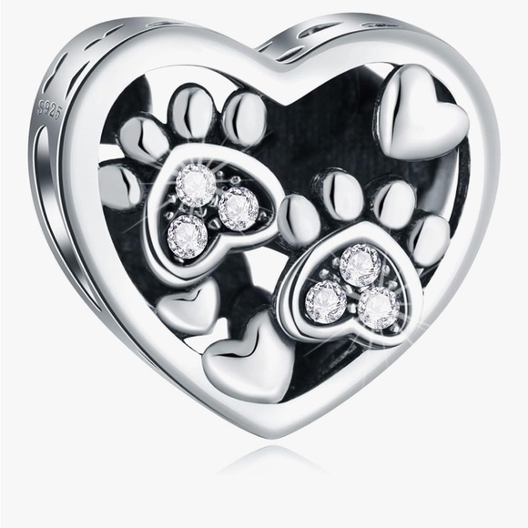 Paw prints love Sterling silver cat dog puppy heart slide charm w/ diamond paws - Picture 1 of 3
